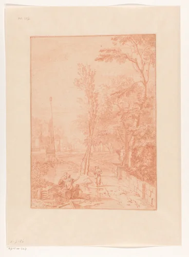 Arcadian Landscape with Figures near an Obelisk by Johannes Glauber, drawing, 1674-1695