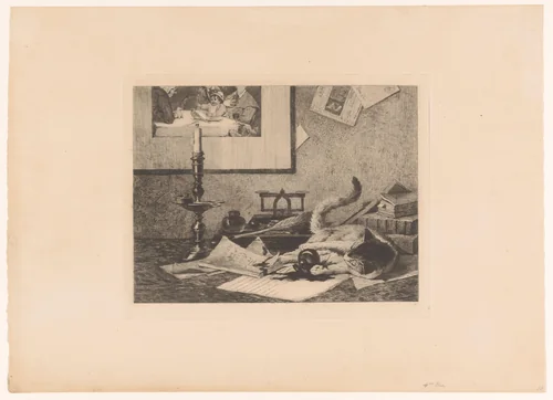 Spelende kat knoeit een inktpot over tafel by Eduard van den Bosch, print, 1870-1880