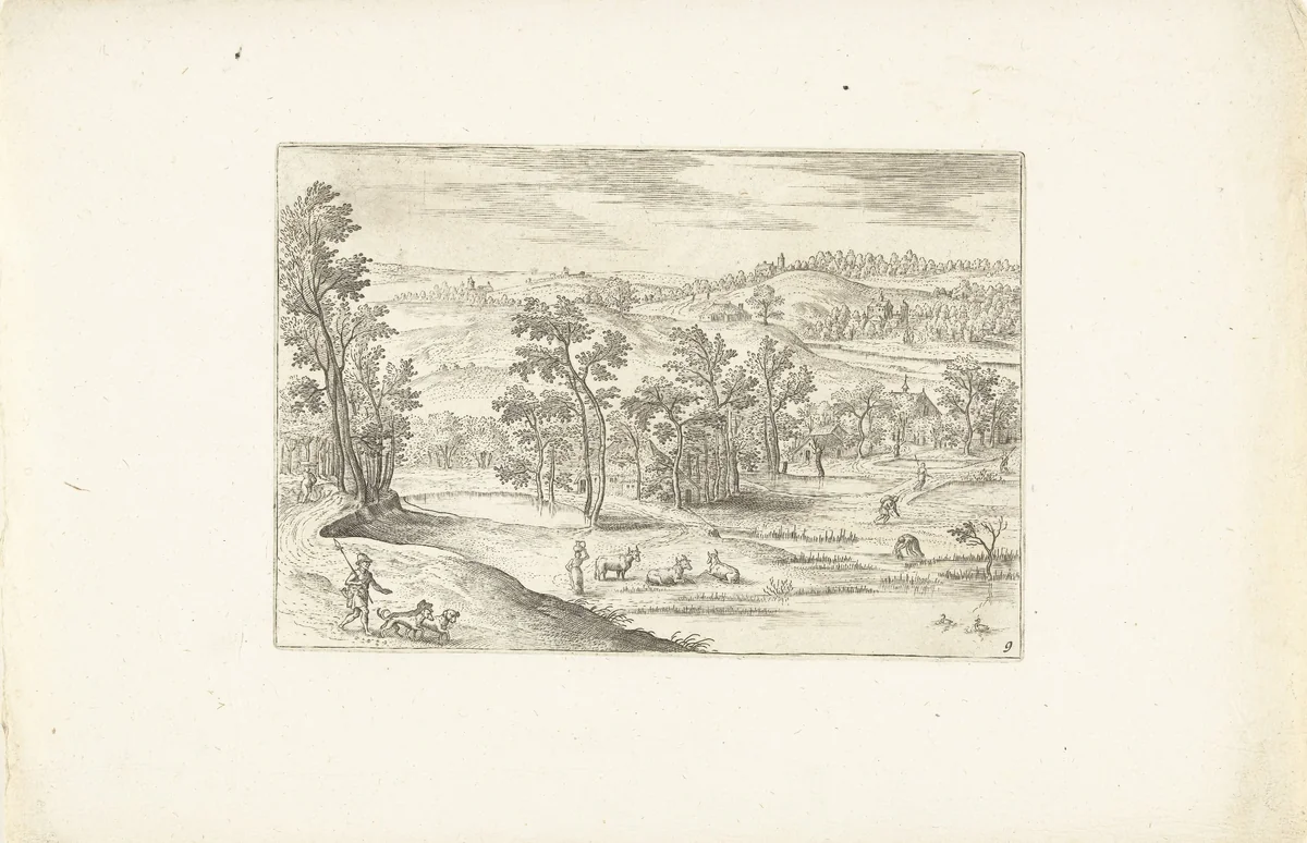 Landschap met een weide by Adriaen Collaert, print, 1578-1618