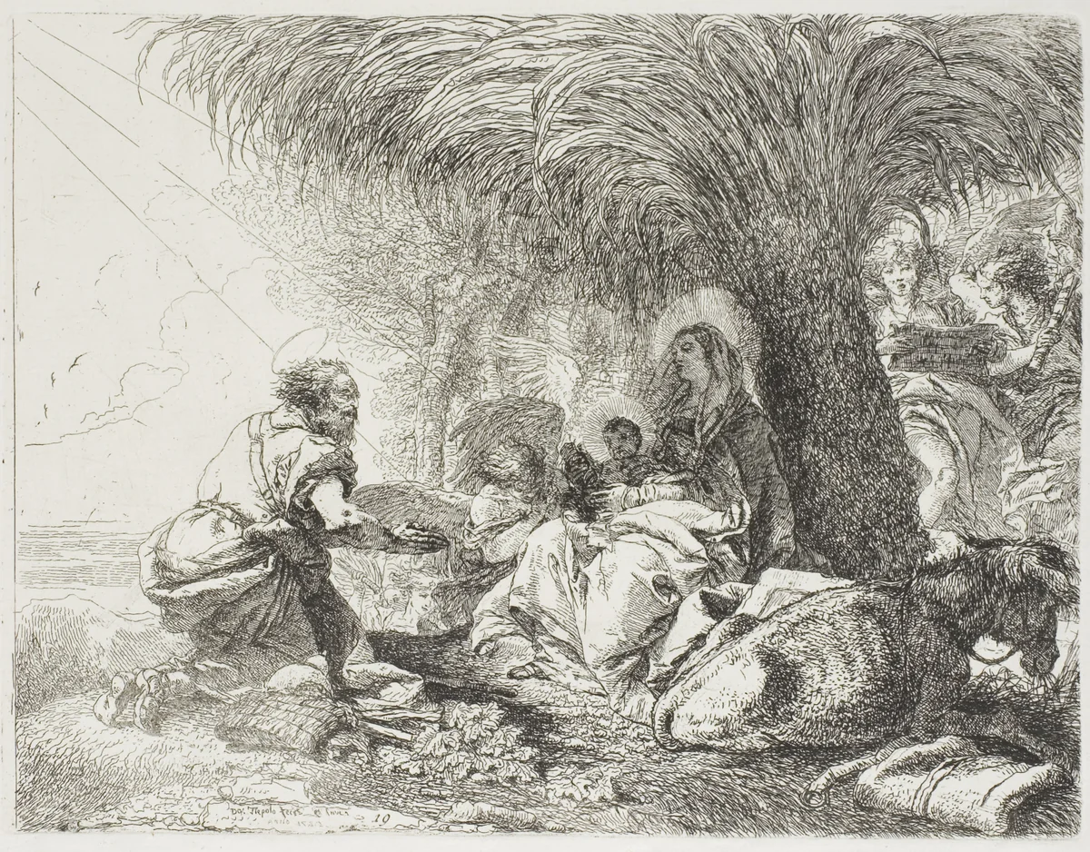Joseph Adoring the Child While Two Angels Sing, plate nineteen from The Flight into Egypt by Giovanni Domenico Tiepolo, print, 1752