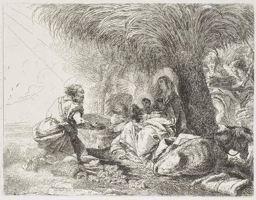 Joseph Adoring the Child While Two Angels Sing, plate nineteen from The Flight into Egypt by Giovanni Domenico Tiepolo, print, 1752