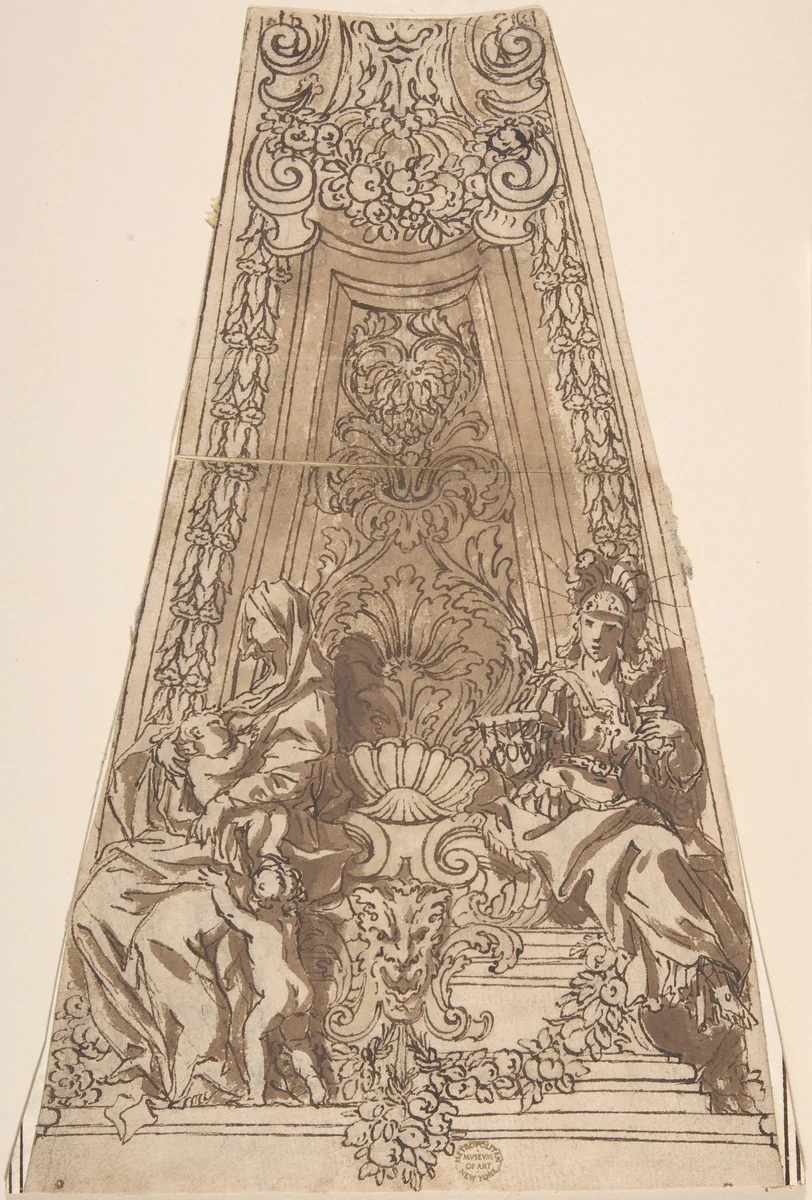 Design for a Dome Compartment with Figures of Charity and Fortitude? by anonymous, drawing, 1600-1700