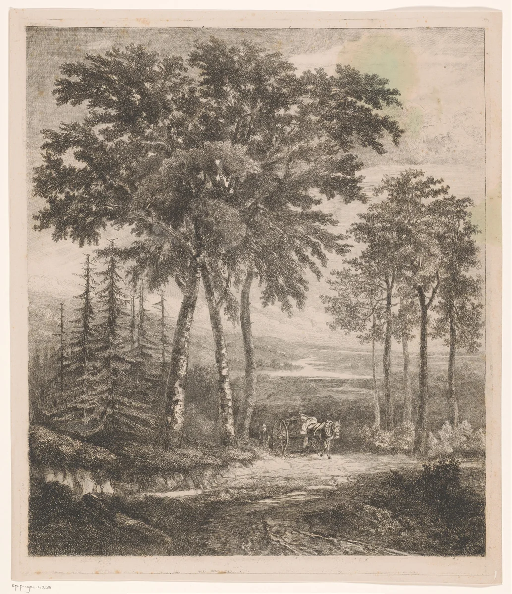 Landschap met paardenkar by Jean Théodore Joseph Linnig, print, 1825-1891