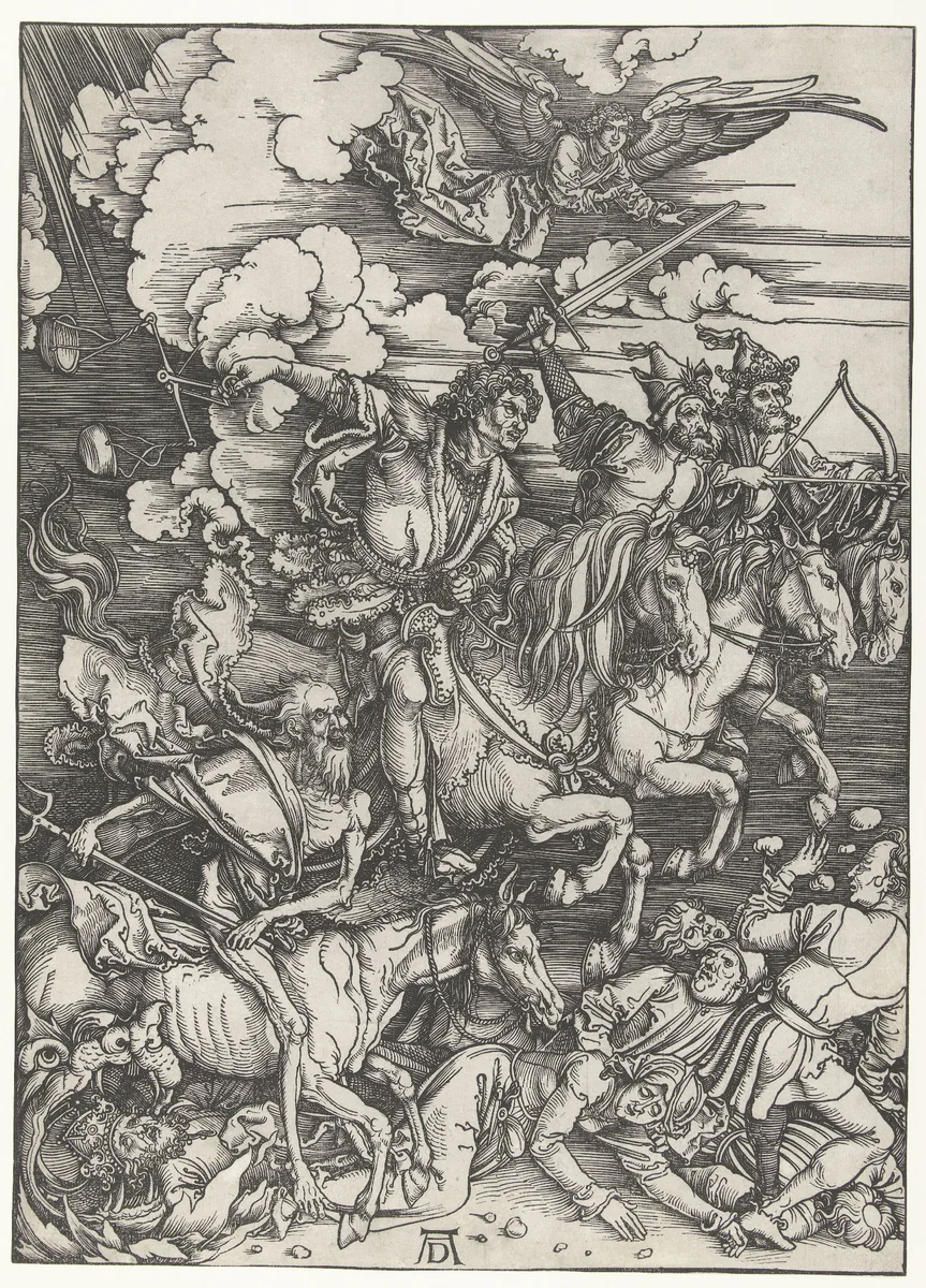 De vier ruiters van de apocalyps by Unknown, print, 1497-1498