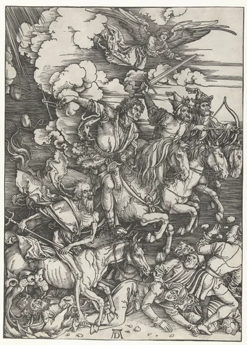 De vier ruiters van de apocalyps by Unknown, print, 1497-1498
