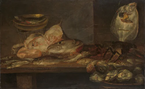 Still Life with Fish and a Lobster and Oysters on a Table nearby by Alexander Adriaenssen, painting, 1660
