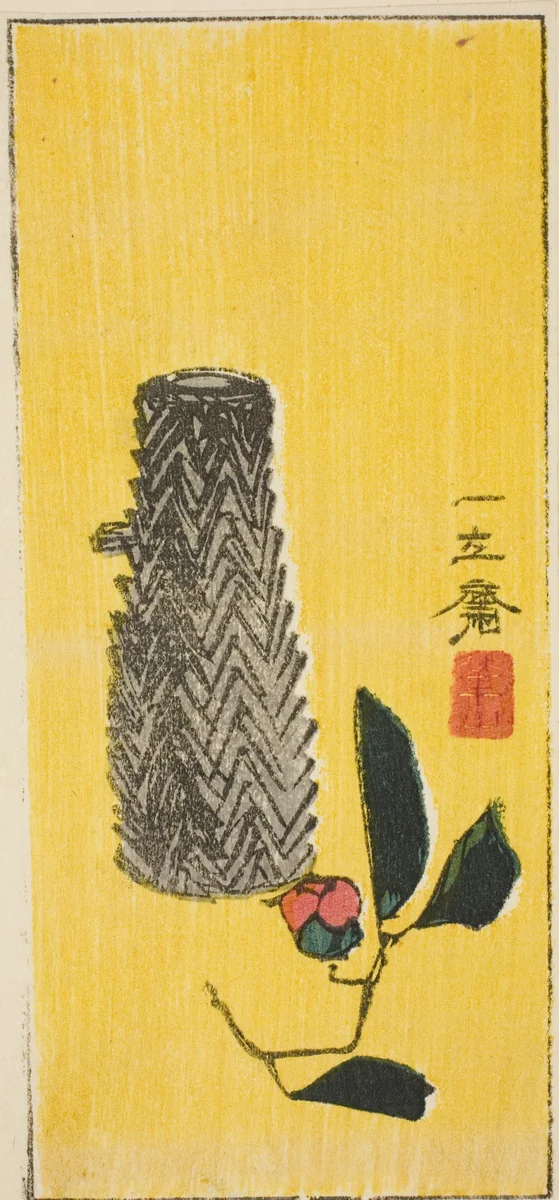 Camellia and basket, section of an untitled harimaze sheet by Utagawa Hiroshige (歌川広重), print, 1850-1859
