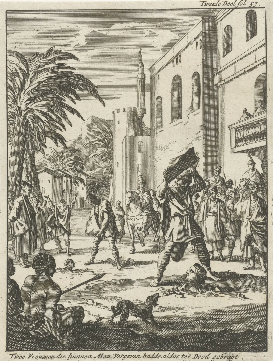 Twee ingegraven vrouwen worden met zware stenen gedood by Jan Luyken, print, 1693