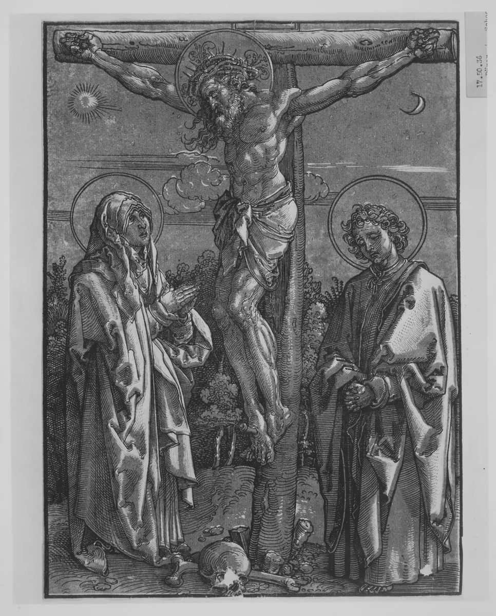 Christ on the Cross flanked by the Virgin and Saint John by Dürer-School, print, 1530-1540