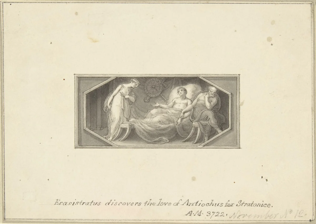 Erasistratus discovers the love of Antiochus for Stratonice by Edward Francis Burney, drawing, 1790-1800