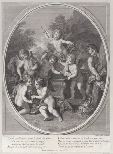 Blacksmith Cupids by Louis Desplaces, print, 1714-1739