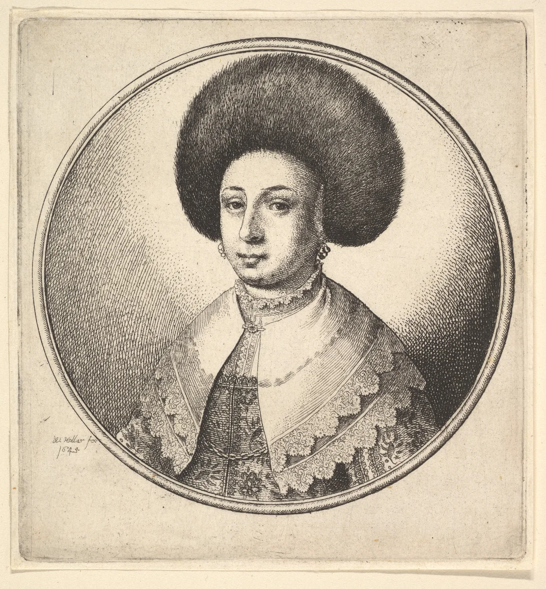 Woman with large circular fur hat and earrings by Wenceslaus Hollar, print, 1645
