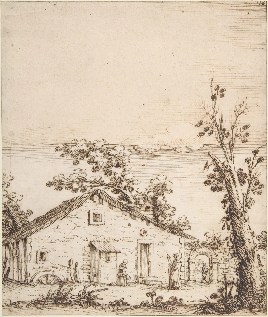 Three Figures by a Rustic Dwelling by Remigio Cantagallina, drawing, 1582-1656