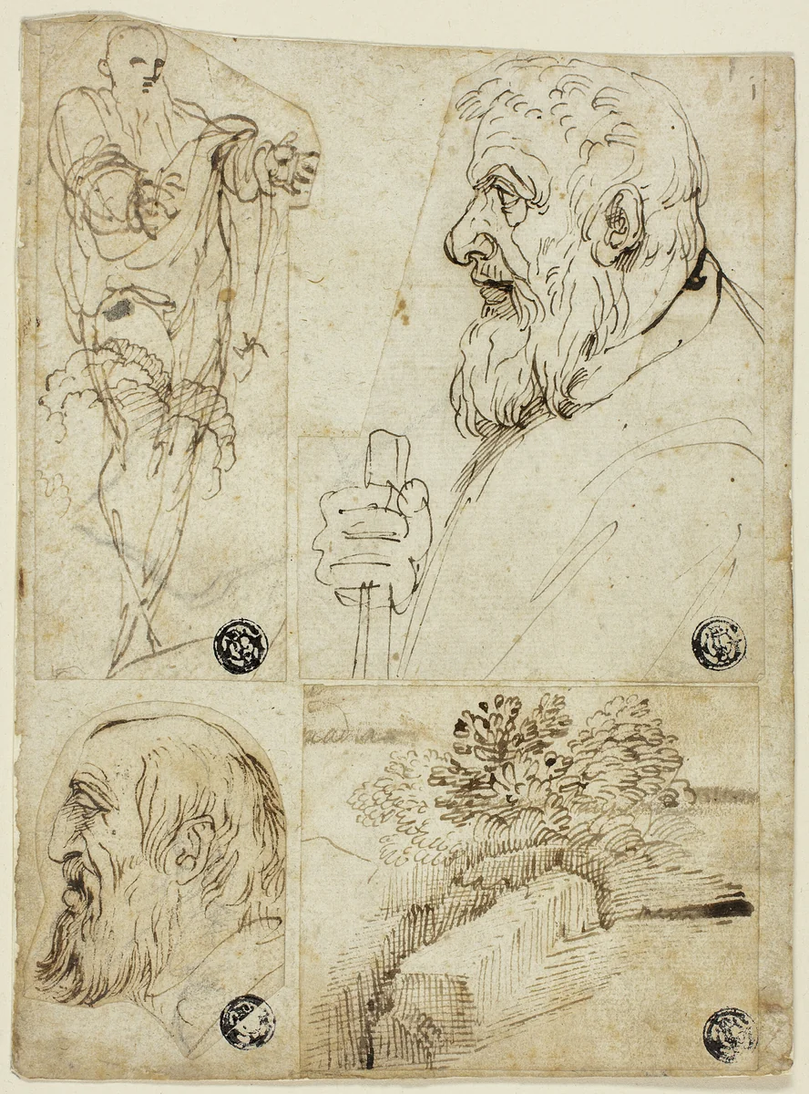Four Sketches: Standing Male Figure; Profile Bust of Bearded Man; Profile Head of Bearded Man; Landscape by Agostino Carracci, drawing, 1577-1602