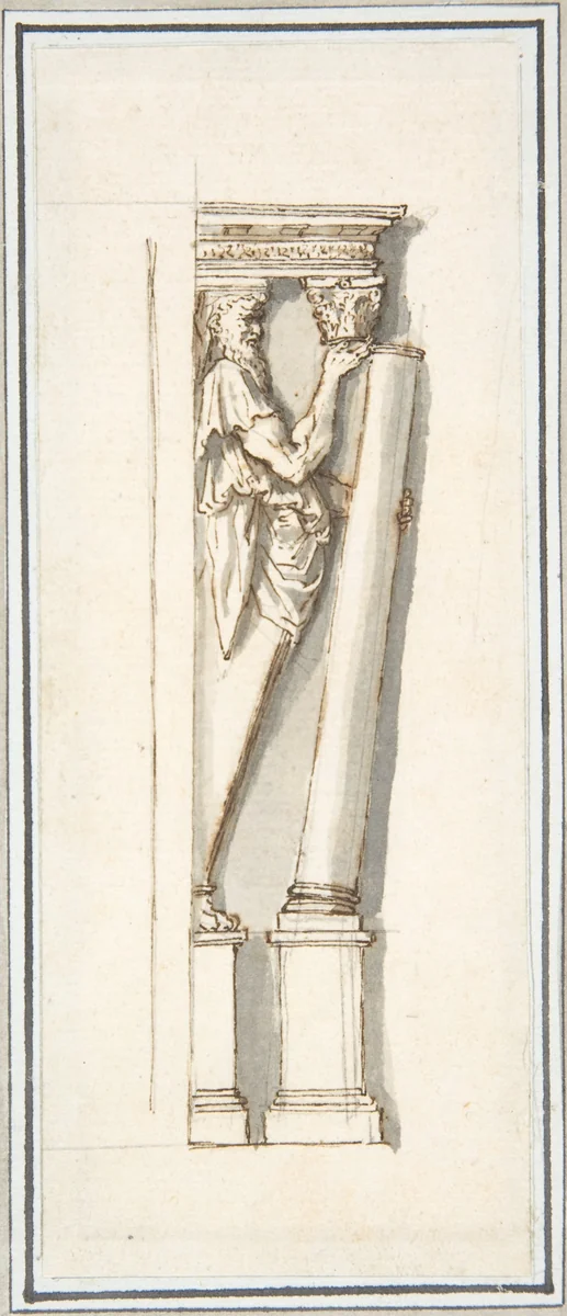 An Architectural Detail: A Herm Figure Placing or Removing a Column from Under an Entablature (after Stucco Frame by Daniele da Volterra from Orsini Chapel, Santa Trinità dei Monti) by anonymous, drawing, 1700-1800