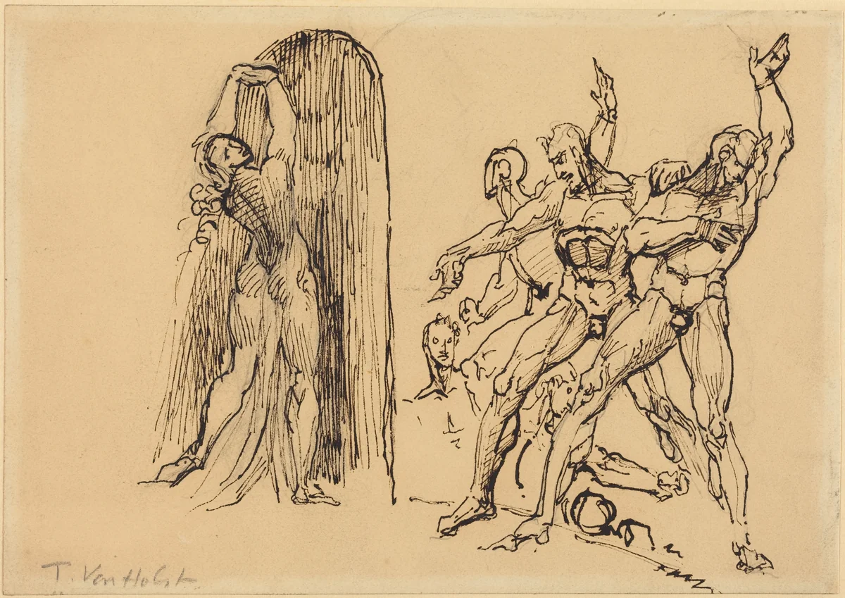 Five Male Nudes Gesticulating as a Nude Woman Enters a Portal by Theodore M. von Holst, drawing, 1810-1844