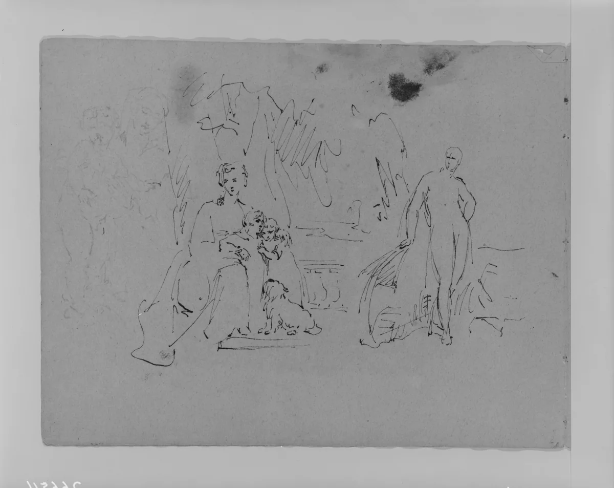 Woman with Two Children and Dog; Standing Figure (from Sketchbook) by Thomas Sully, artwork, 1810-1820