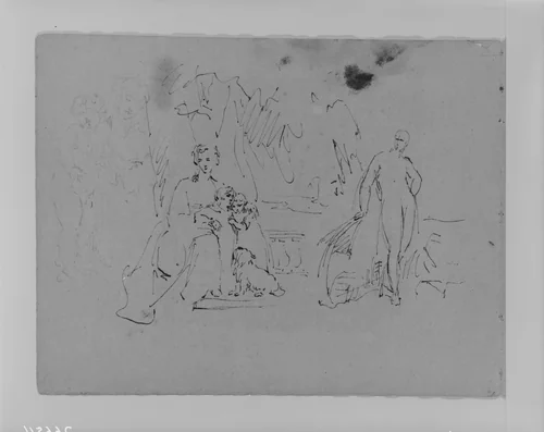 Woman with Two Children and Dog; Standing Figure (from Sketchbook) by Thomas Sully, artwork, 1810-1820