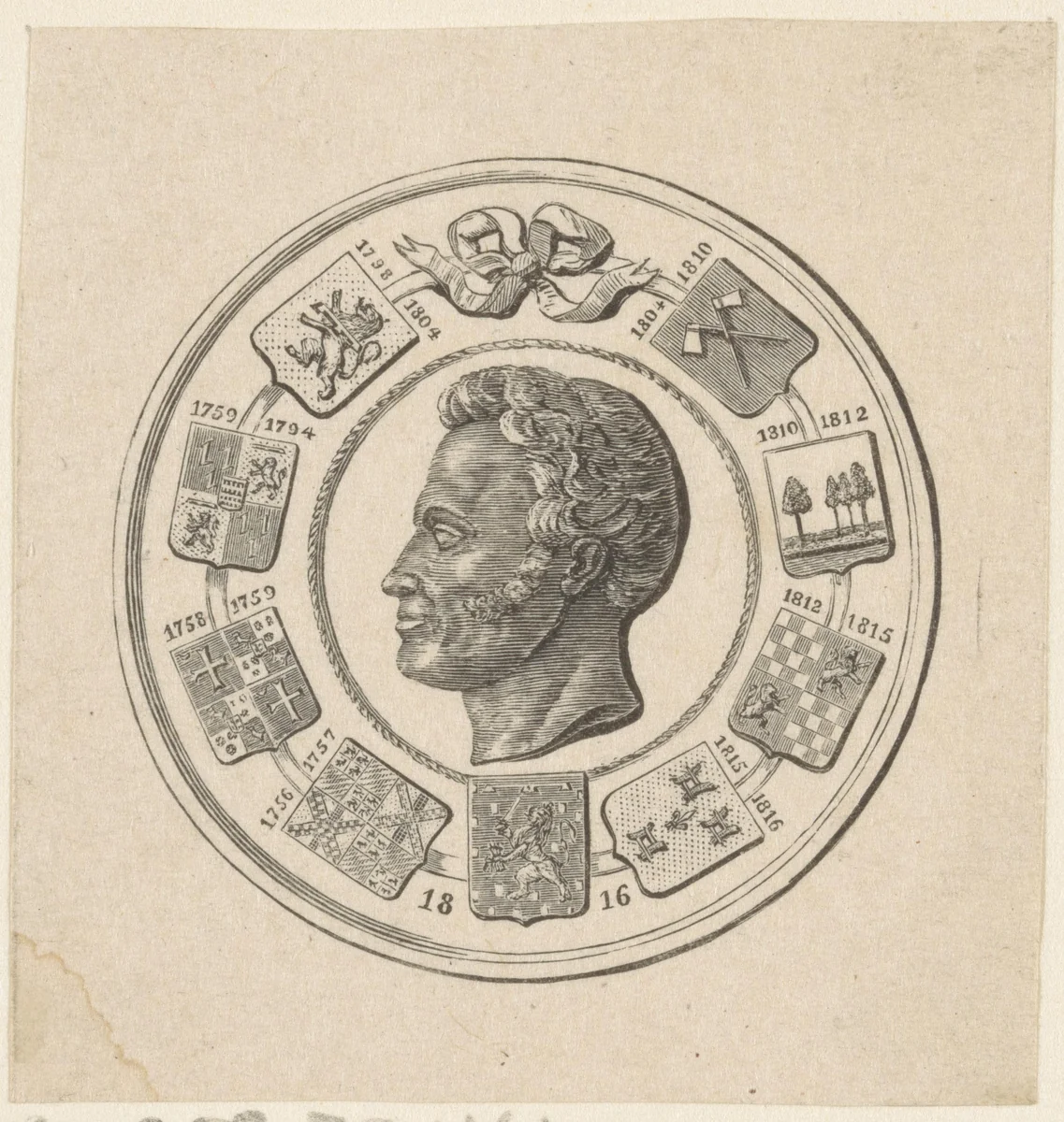 Vignet met een portret van Willem I Frederik, koning der Nederlanden, in een cirkel met negen wapens by Isaac Weissenbruch, print, 1836-1912