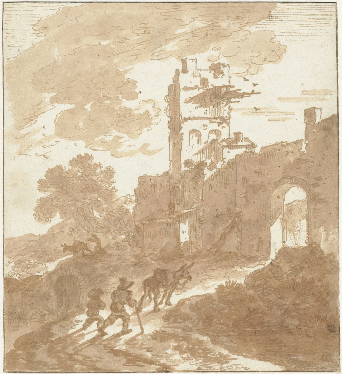 Italianate Landscape with a Path Leading to a City Gate by Adriaen van der Kabel, drawing, 1650-1654