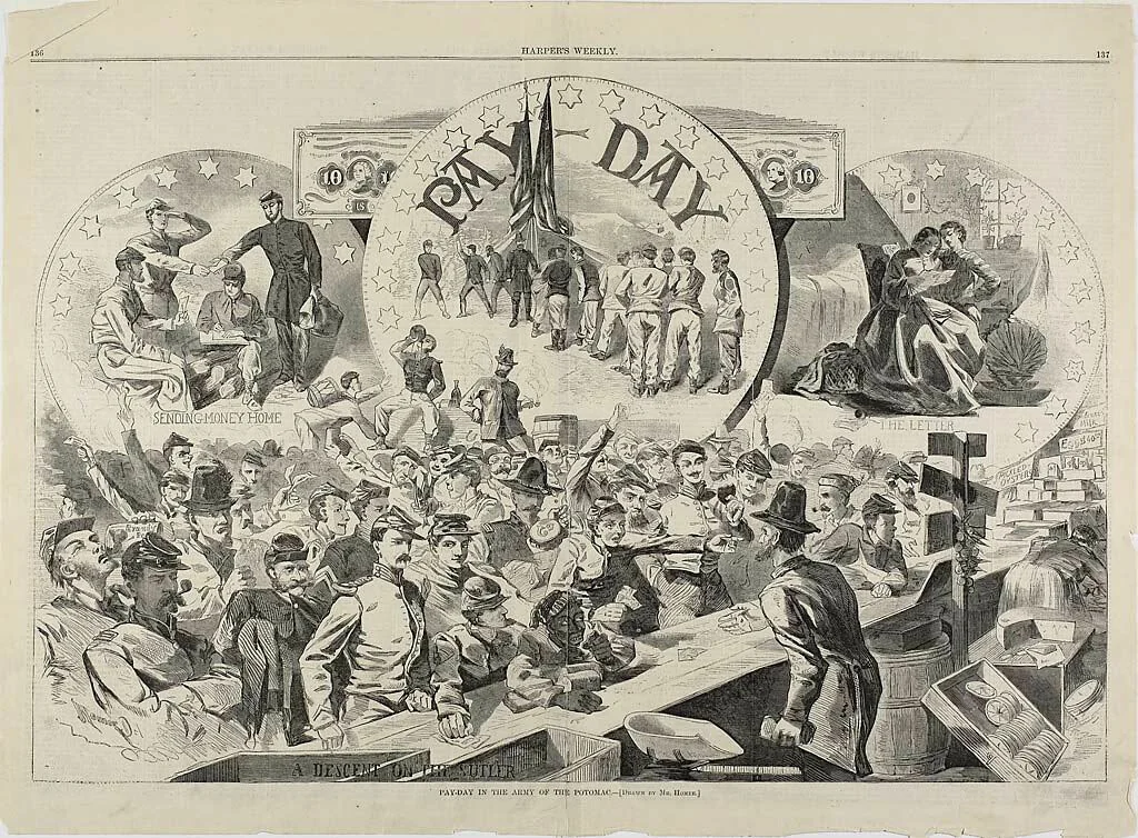 Pay Day in the Army of the Potomac by Winslow Homer, print, 1863