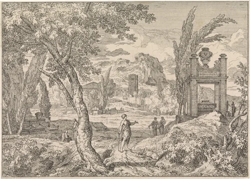 Arcadisch landschap met mausoleum by Abraham Genoels, print, 1684