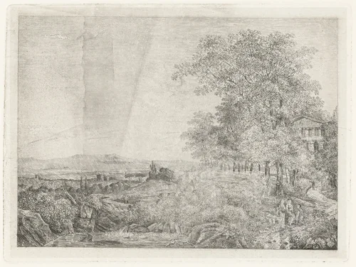 Zuidelijk landschap met tempel en figuren by Willem Matthias Jan van Dielen, print, 1815-1867