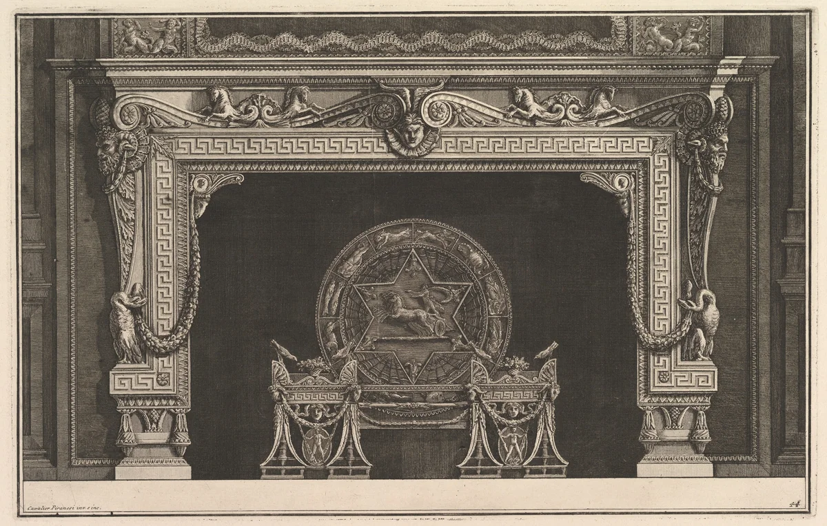 Chimneypiece: Architrave decorated with a Greek key motif and a circular fireback with figures of the zodiac (Ch. décorée d'une grecque), from Diverse Maniere d'adornare i cammini ed ogni altra parte degli edifizi...(Different Ways of ornamenting chimneypieces and all other parts of houses) by Giovanni Battista Piranesi, print, 1764-1774