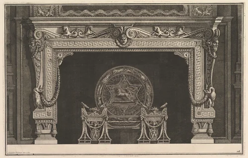 Chimneypiece: Architrave decorated with a Greek key motif and a circular fireback with figures of the zodiac (Ch. décorée d'une grecque), from Diverse Maniere d'adornare i cammini ed ogni altra parte degli edifizi...(Different Ways of ornamenting chimneypieces and all other parts of houses) by Giovanni Battista Piranesi, print, 1764-1774