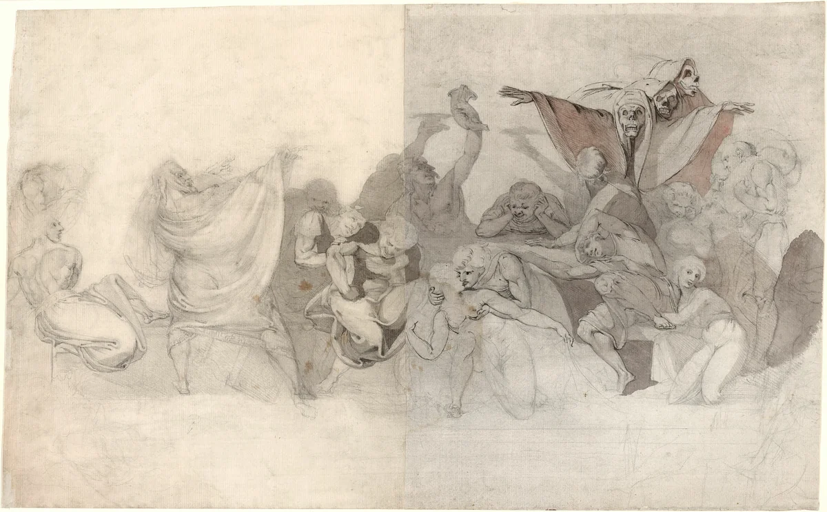 Triumph of Death: Three Skeletons Invading a Bacchanal Orchestrated by a Magician or an Evil Demon by Henry Fuseli, drawing, 1770-1771
