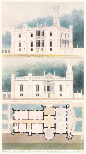 Glen Ellen for Robert Gilmor, Towson, Maryland (perspective, elevation, and plan) by Alexander Jackson Davis, drawing, 1832