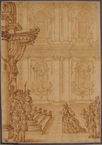 Esther before Ahasuerus by anonymous, drawing, 1670-1730