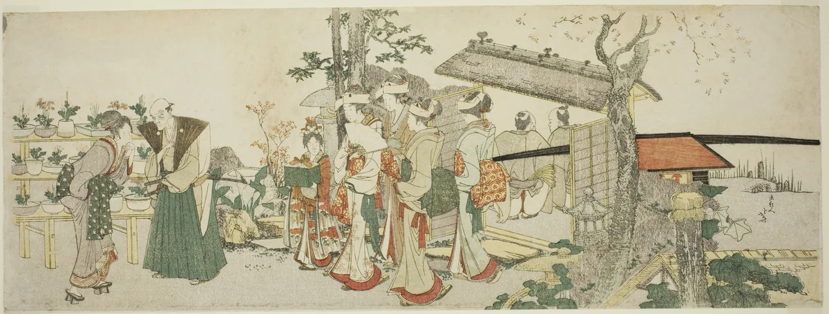 A Group of Young Women Entering the Garden of a Horticulturist by Katsushika Hokusai (葛飾 北斎), print, 1760-1849