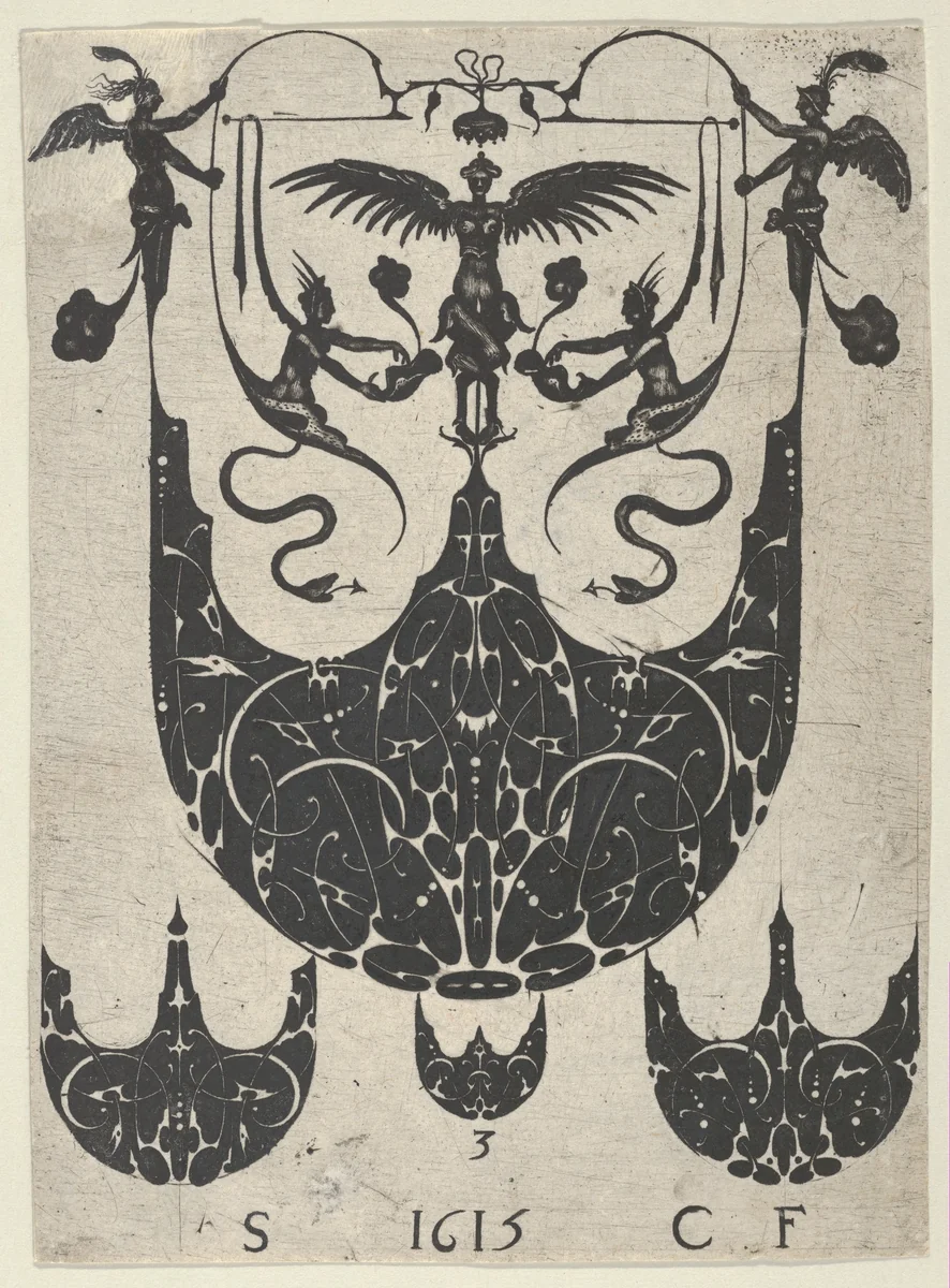 Blackwork Print with a Bezel Supporting Grotesques Above Three Smaller Bezels, from a Series of Blackwork Prints for Goldsmiths' Work by Etienne Carteron, print, 1615
