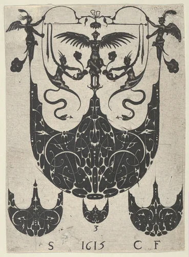 Blackwork Print with a Bezel Supporting Grotesques Above Three Smaller Bezels, from a Series of Blackwork Prints for Goldsmiths' Work by Etienne Carteron, print, 1615