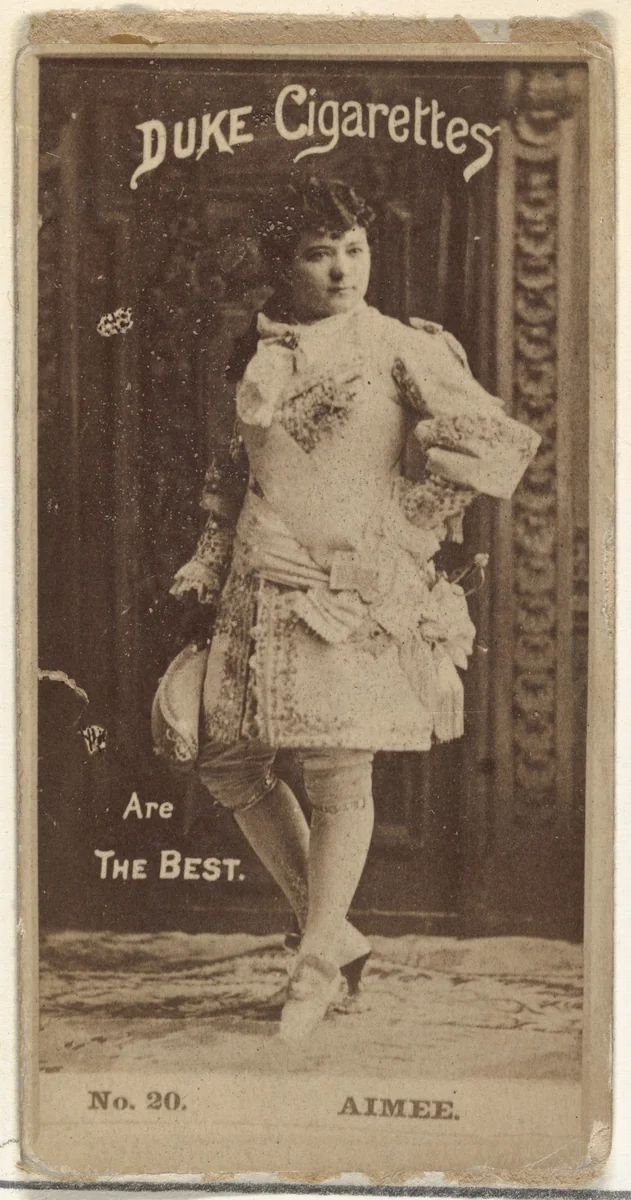 Card Number 20, Aimee, from the Actors and Actresses series (N145-6) issued by Duke Sons & Co. to promote Duke Cigarettes by W. Duke, Sons & Co., photograph, 1880-1889