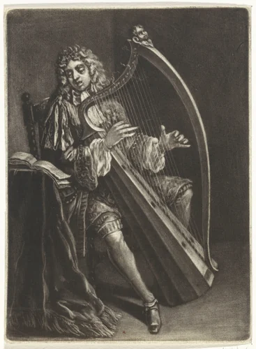 Harpspelende man by Marcellus Laroon, print, 1663-1702