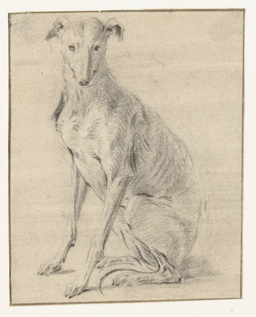 Een zittende hond, naar links, de kop van voren gezien by Frans Snijders, drawing, 1589-1657