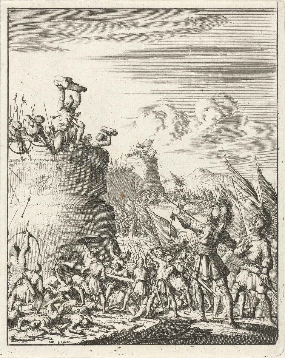 Aanval op een vesting waarbij een Turk door pijlen wordt geraakt by Jan Luyken, print, 1683