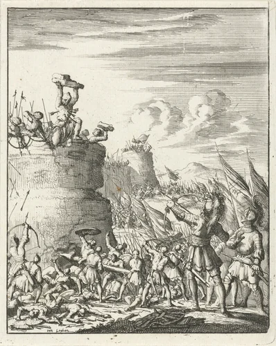 Aanval op een vesting waarbij een Turk door pijlen wordt geraakt by Jan Luyken, print, 1683