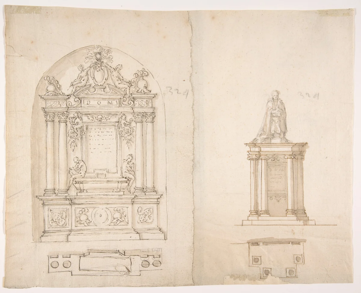 Two Designs for Tombs by anonymous, drawing, 1500-1599