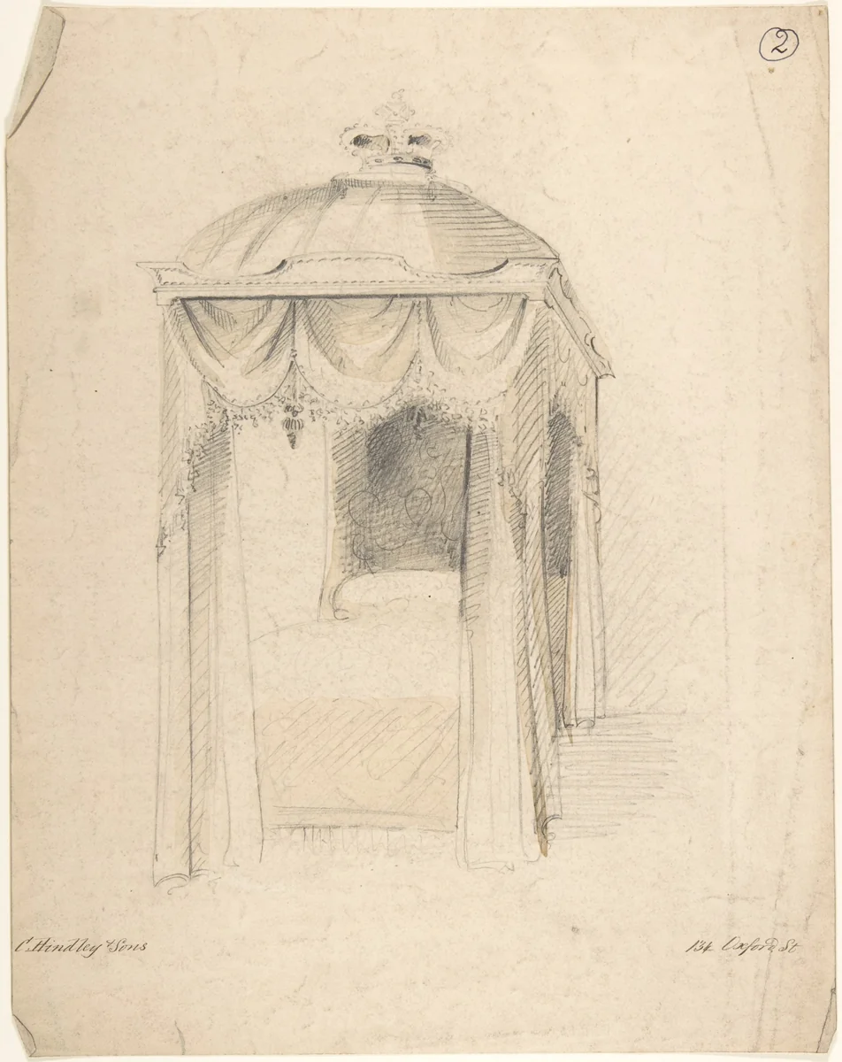 Design for a Bed with Canopy by Charles Hindley and Sons, drawing, 1841-1884