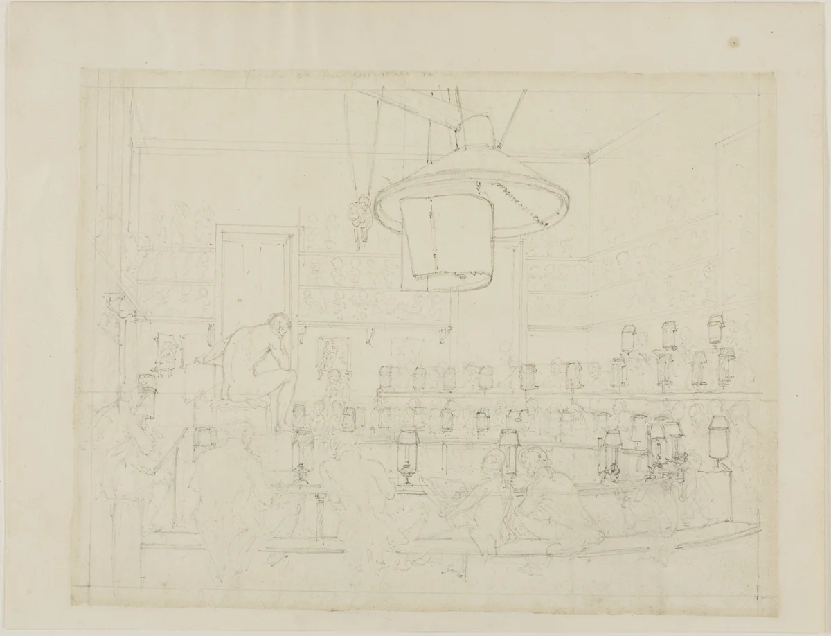 Study for Drawing from Life at the Royal Academy, Somerset House, from Microcosm of London (recto); Study for Drawing from Life at the Royal Academy, Somerset House, from Microcosm of London by Augustus Charles Pugin
Thomas Rowlandson, drawing, 1807-1808