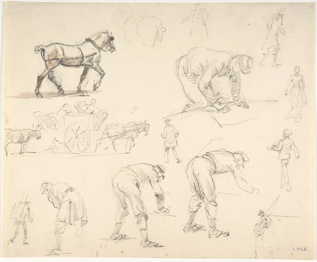 Studies of Soldiers and Cart Horses by Isidore Pils, drawing, 1830-1875