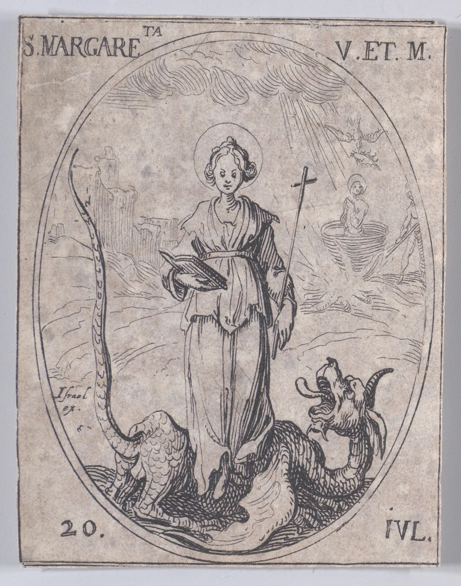 Ste. Marguerite, vierge et martyre (St. Margaret of Antioch, Virgin and Martyr), July 20th, from "Les Images De Tous Les Saincts et Saintes de L'Année" (Images of All of the Saints and Religious Events of the Year) by Jacques Callot, print, 1636