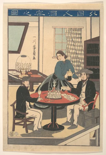 A Foreigner's Wine Party (Gaikokujin shuen no zu), from an untitled series of foreigners at home by Utagawa Yoshikazu, print, 1860