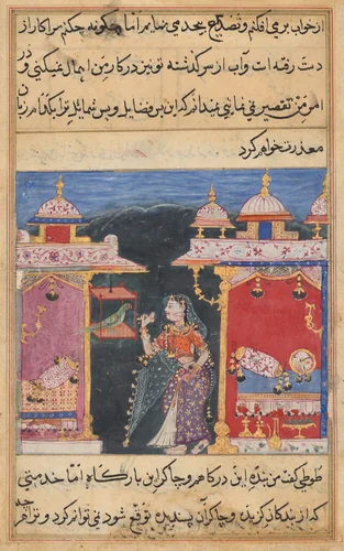 The Parrot Addresses Khujasta at the Beginning of the Seventh Night, from a Tuti-nama (Tales of a Parrot) by Unknown, painting, 1555-1565