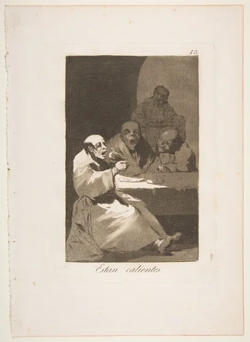Plate 13 from "Los Caprichos": They are hot (Estan calientes) by Goya, print, 1799