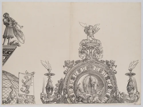The Pinnacle of the Right Portal; and a Trumpeter and Standard from the Central Portal, from the Arch of Honor, proof, dated 1515, printed 1517-18 by Albrecht Dürer, print, 1515