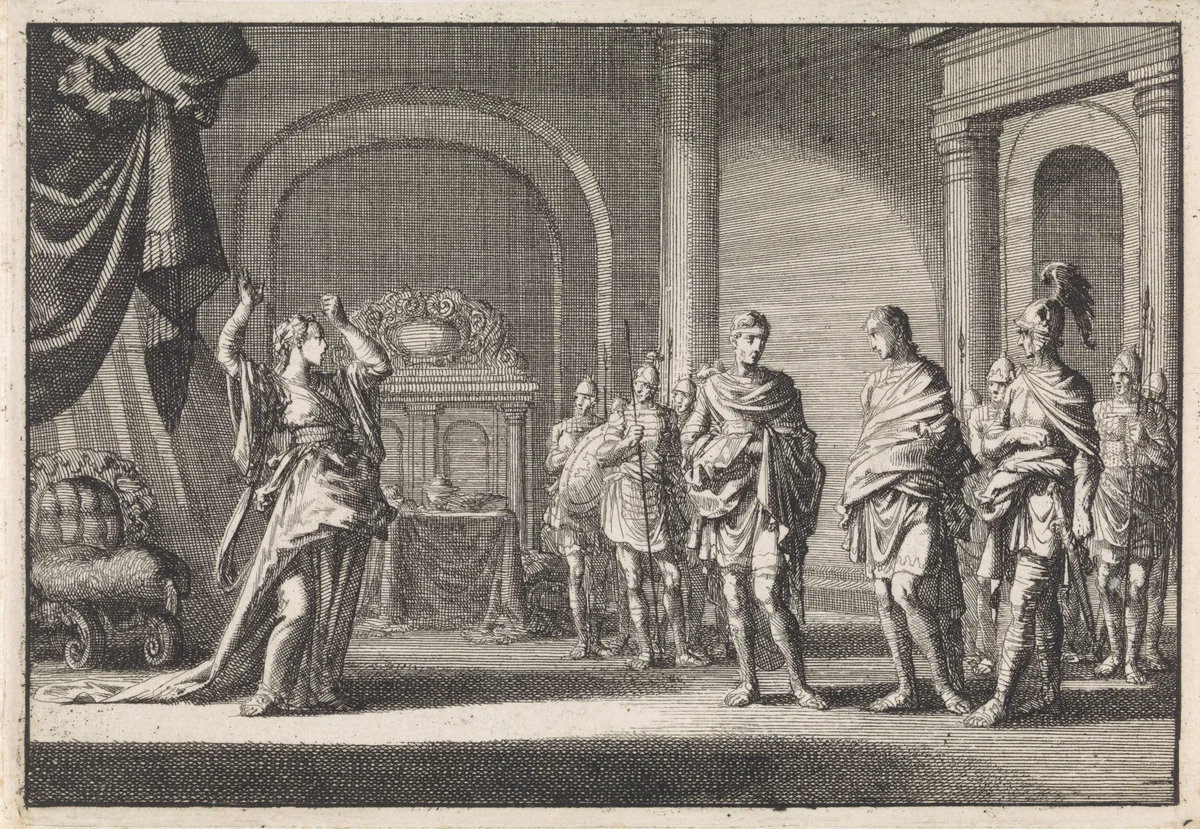 Alexander, zoon van Herodes, wordt gebonden naar zijn gemalin Glasyra gebracht by Jan Luyken, print, 1704